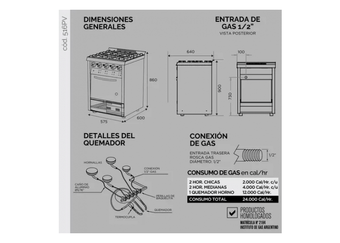 Cocina profesional 516 multigas 4h-visor-parrilla