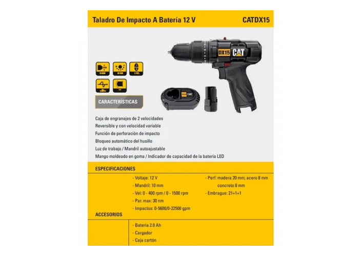 Taladro atornillador 12v c/percusion c/cargador (catdx15)